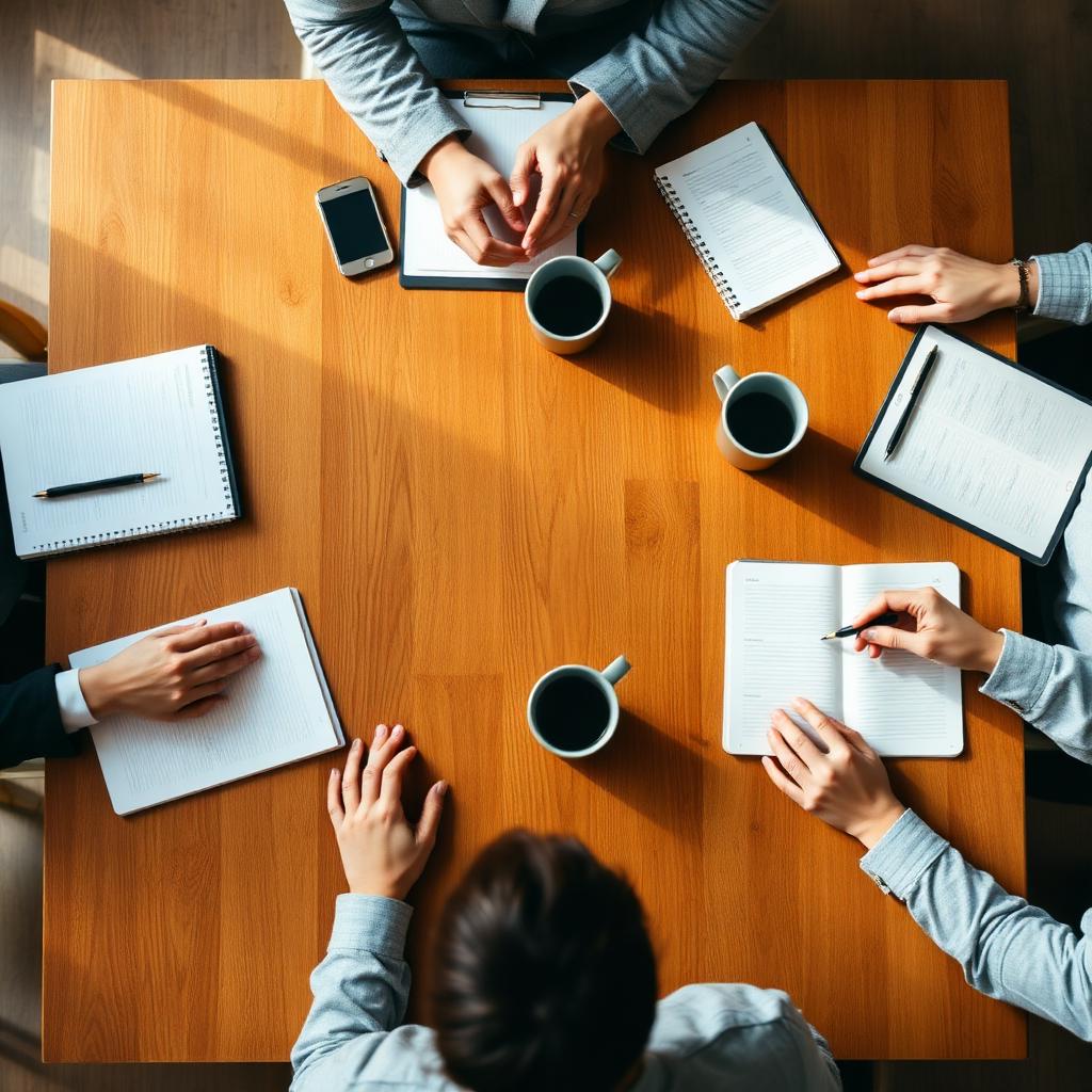 Overhead view of a collaborative planning session at a wooden table