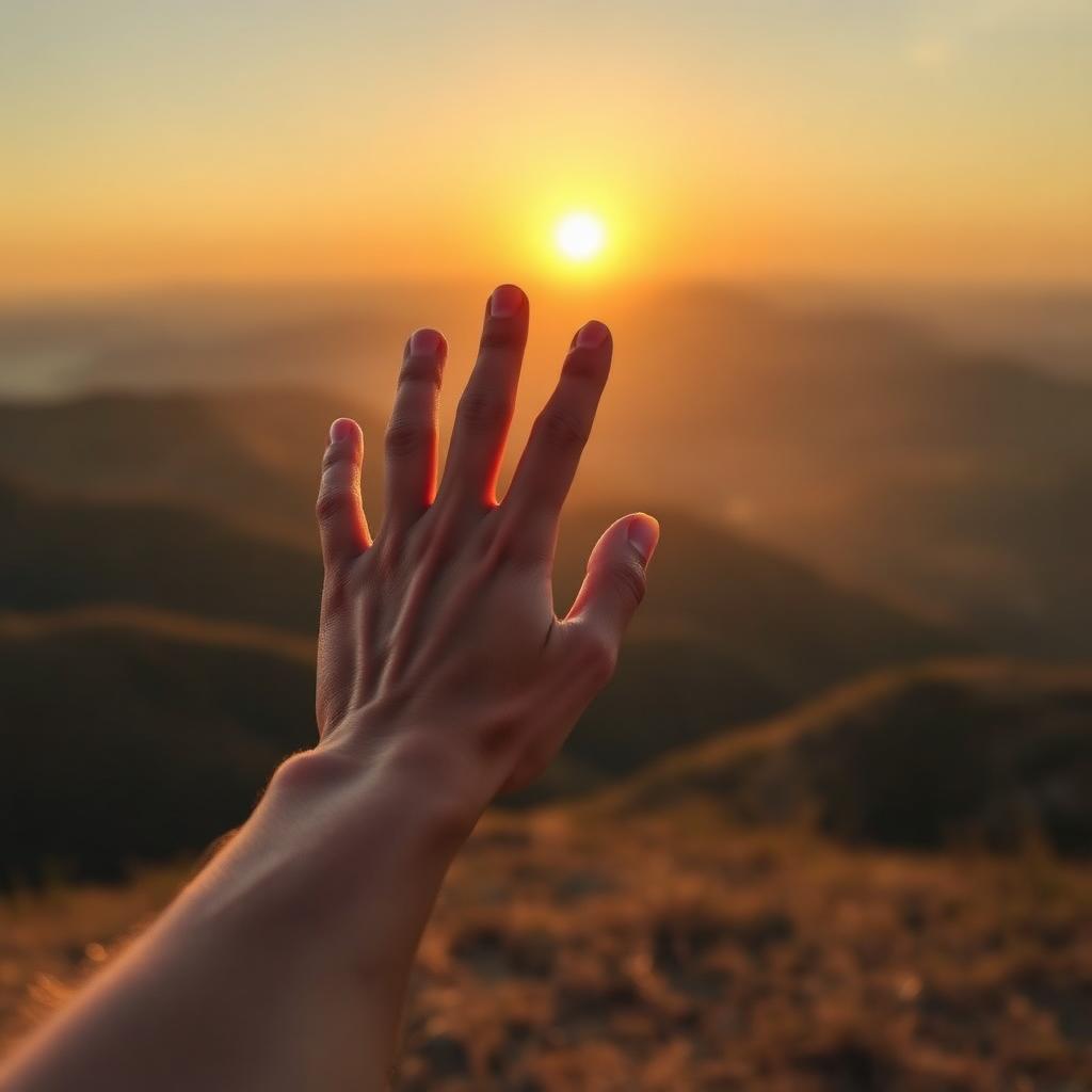 A hand reaching toward warm sunrise light over hills