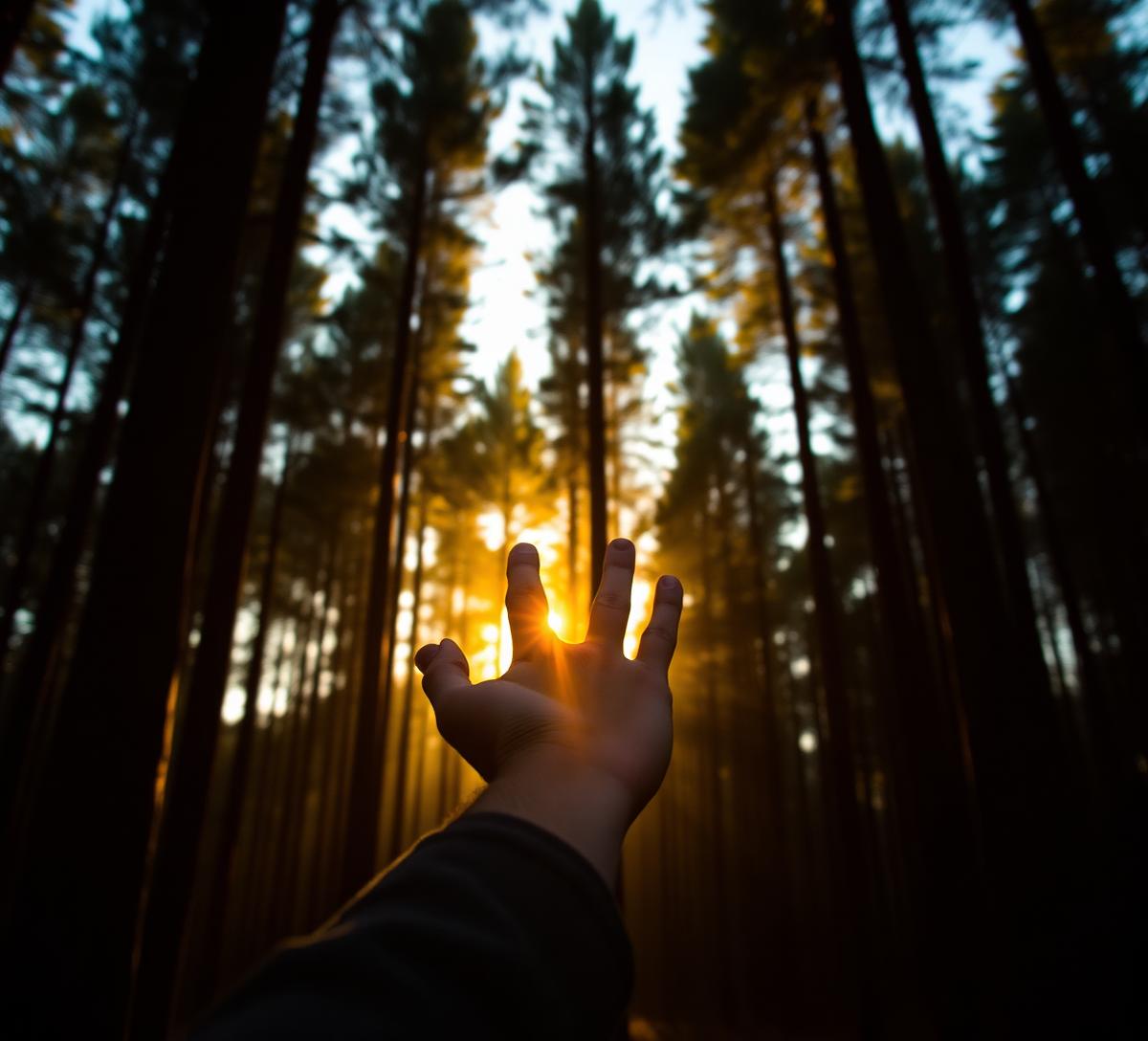 Hand reaching toward warm sunlight through pine trees at sunrise