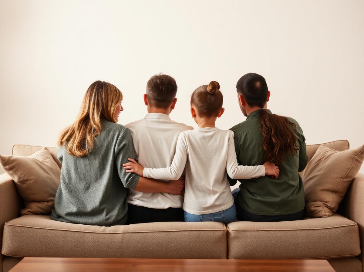 A family sitting together on a sofa