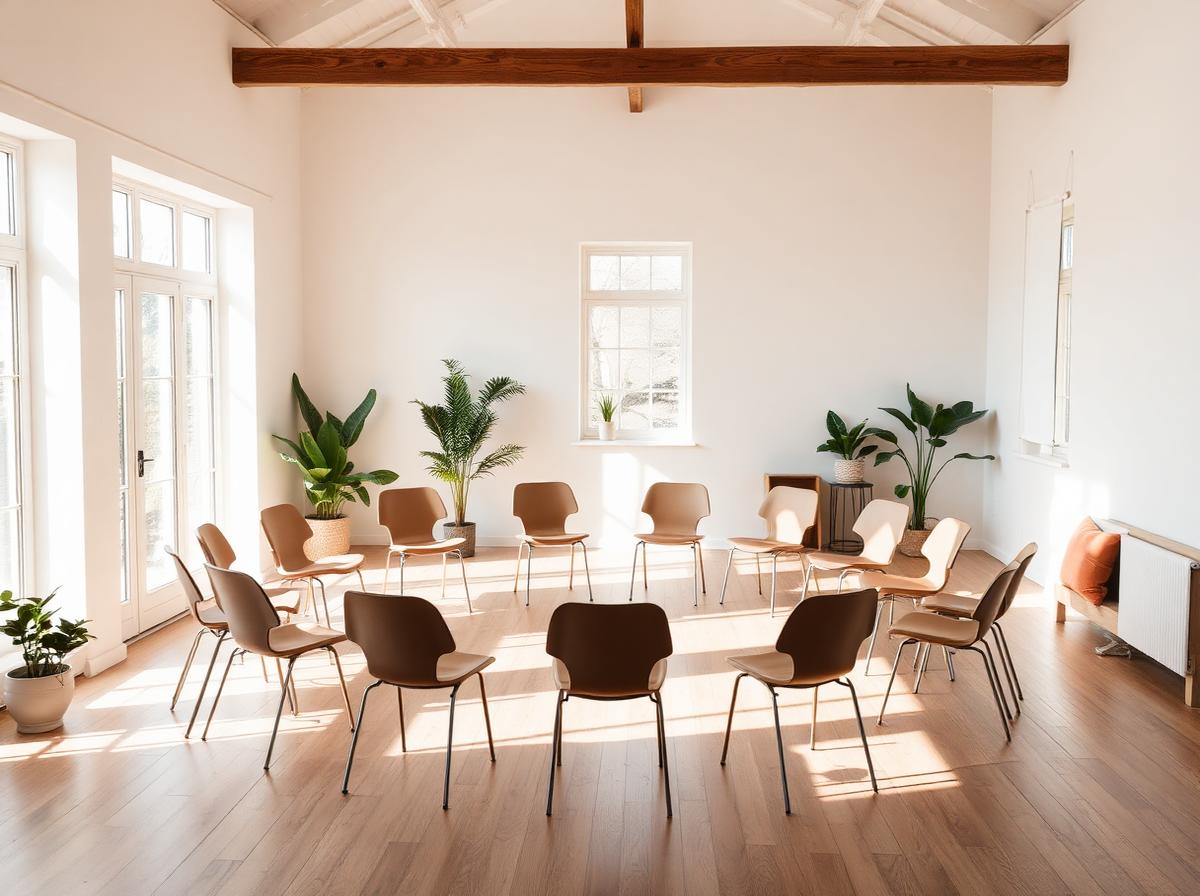 Circle of chairs in a bright airy room for group therapy