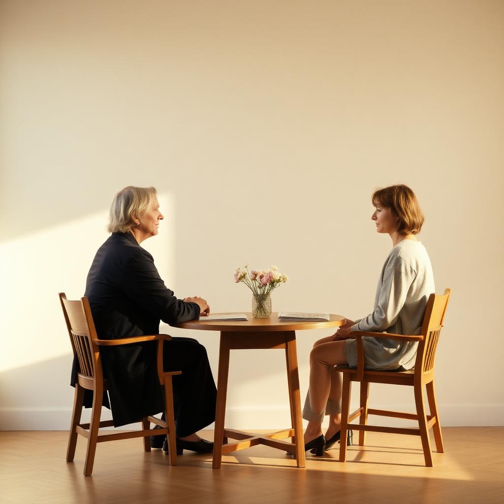 Two people in gentle conversation across a small wooden table