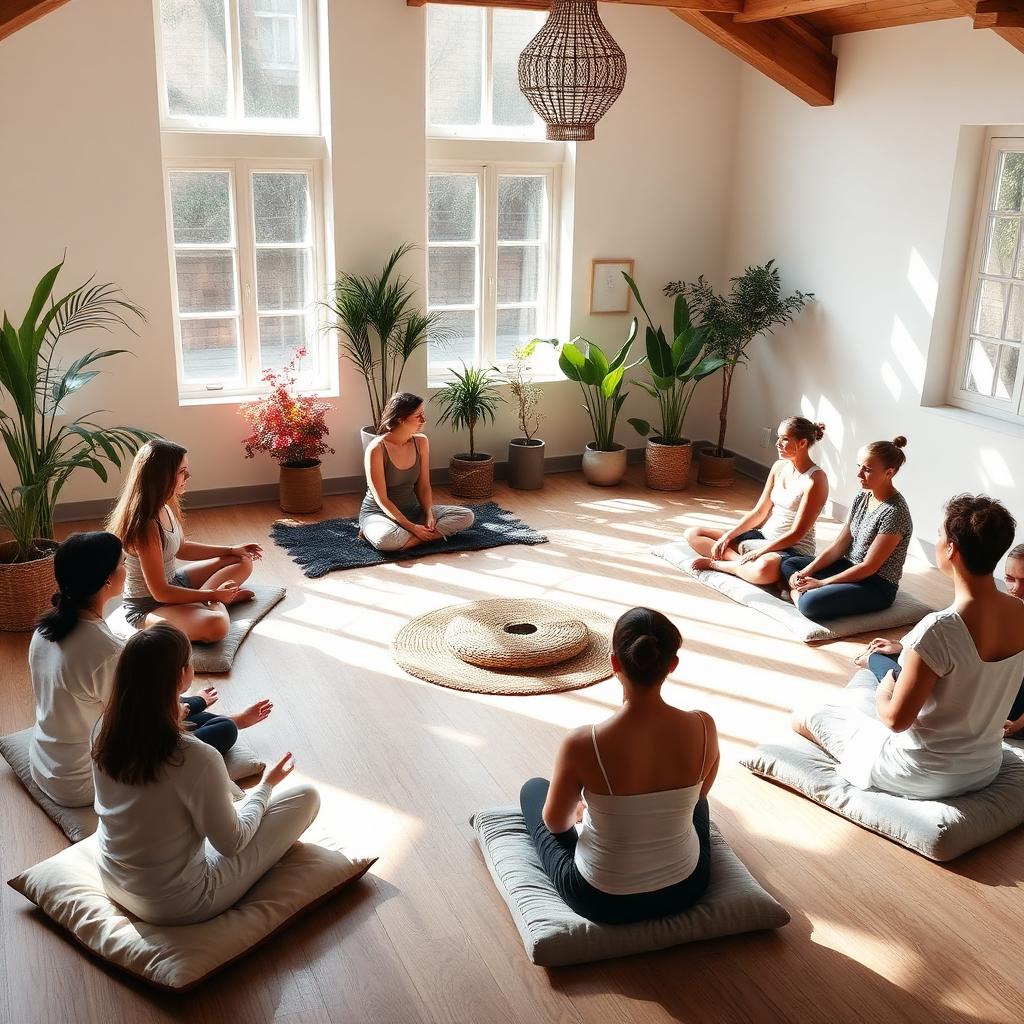 A small circle of adults sitting quietly on cushions in a bright, plant-filled room