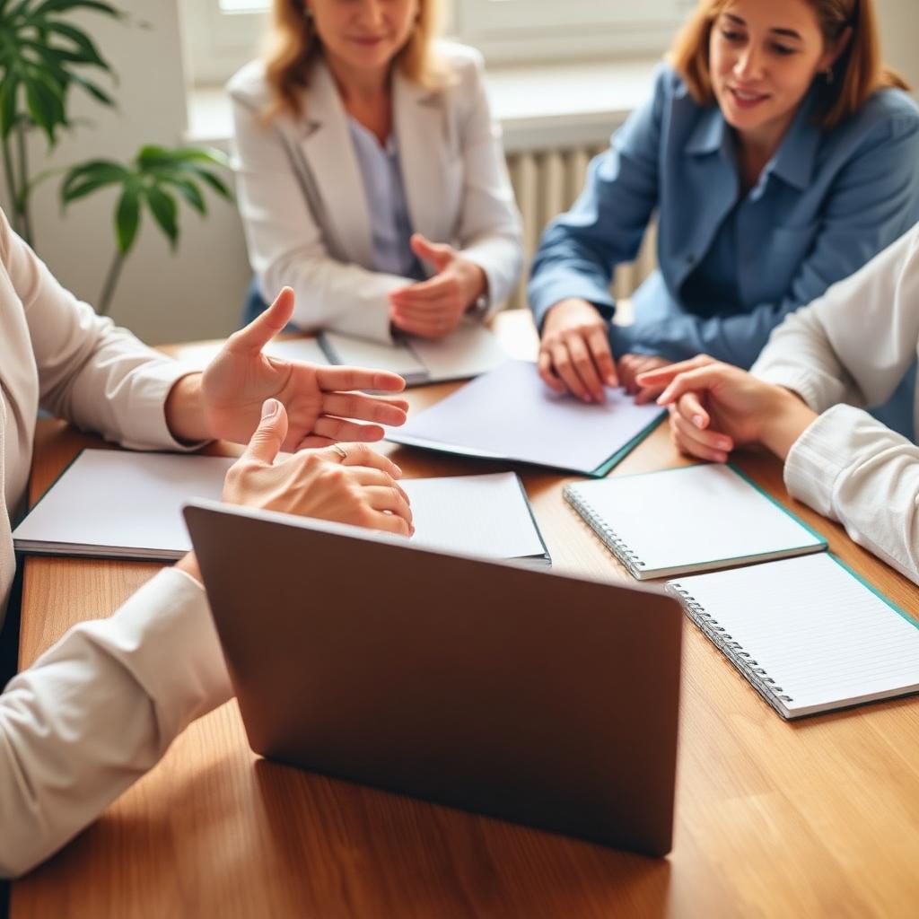 Colleagues collaborating around a desk with a laptop and notepads