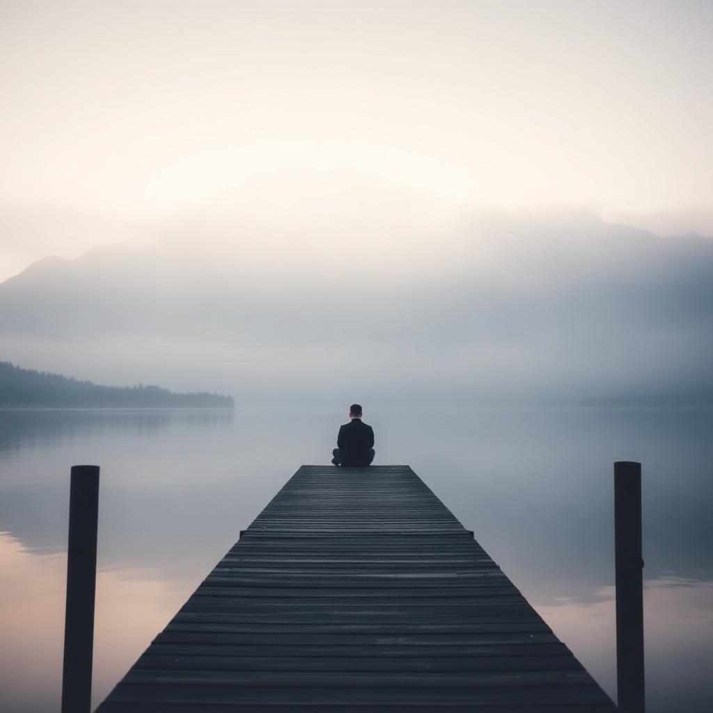 A lone figure sitting peacefully on a misty lakeside dock at dawn