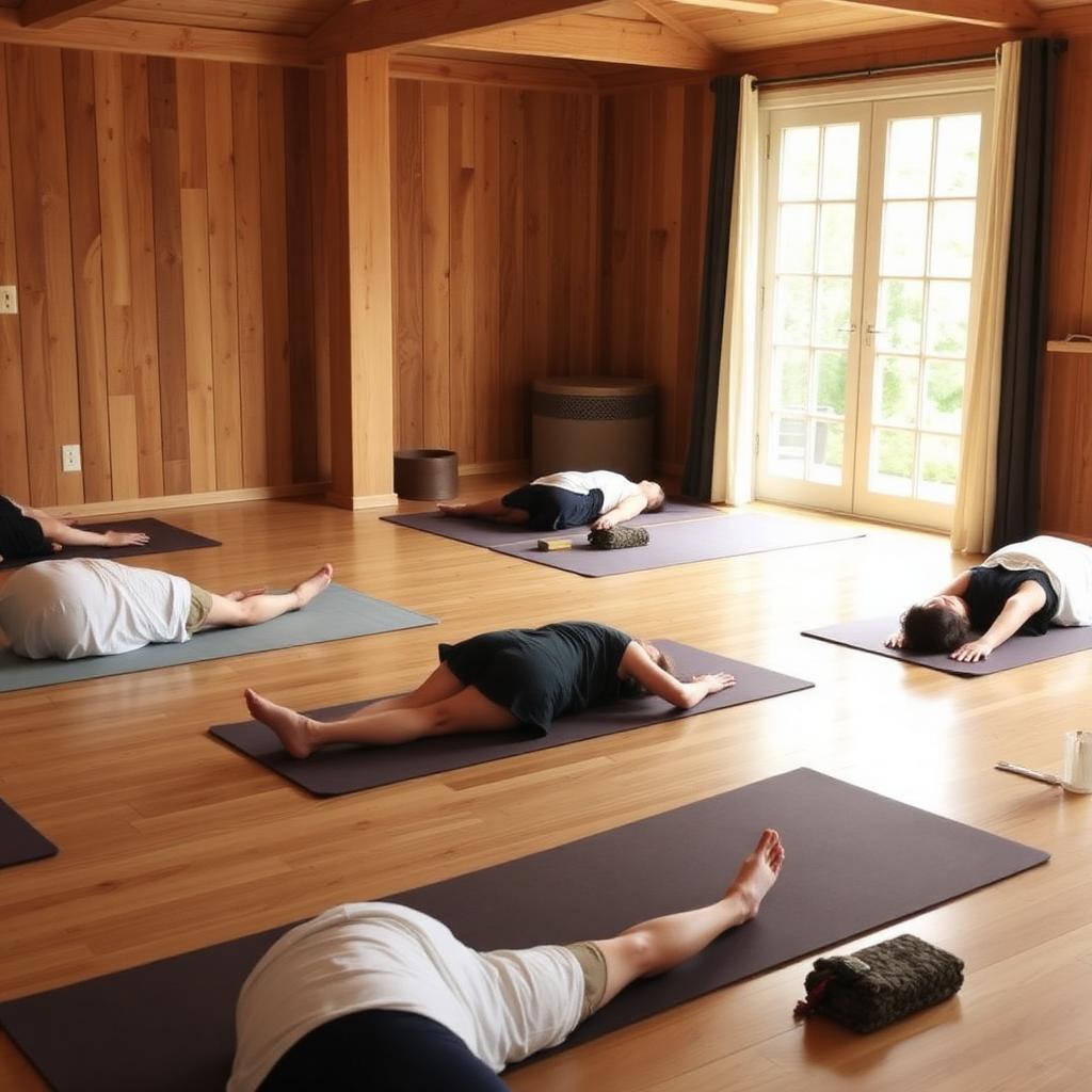 Adults resting on mats in a warmly lit wooden studio during a somatic session