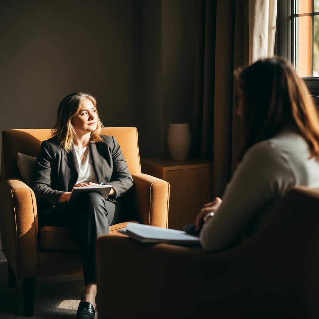 Two professionals in a warm, sunlit clinical supervision session