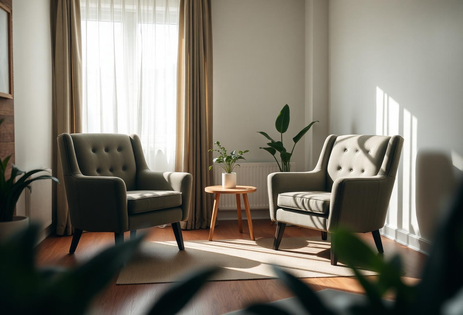 Calm therapy consulting room with two armchairs and soft daylight