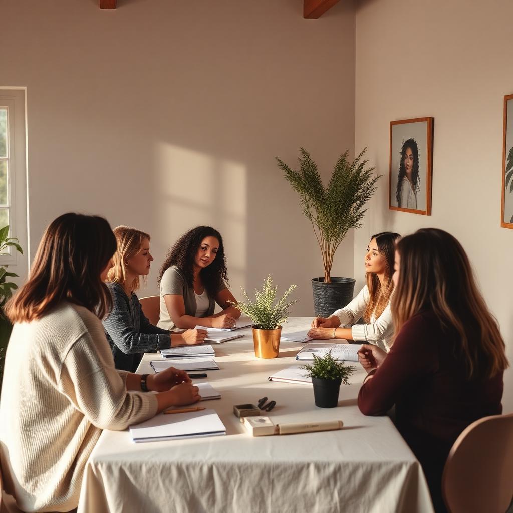 Colleagues gathered around a table in warm natural light during a wellbeing workshop