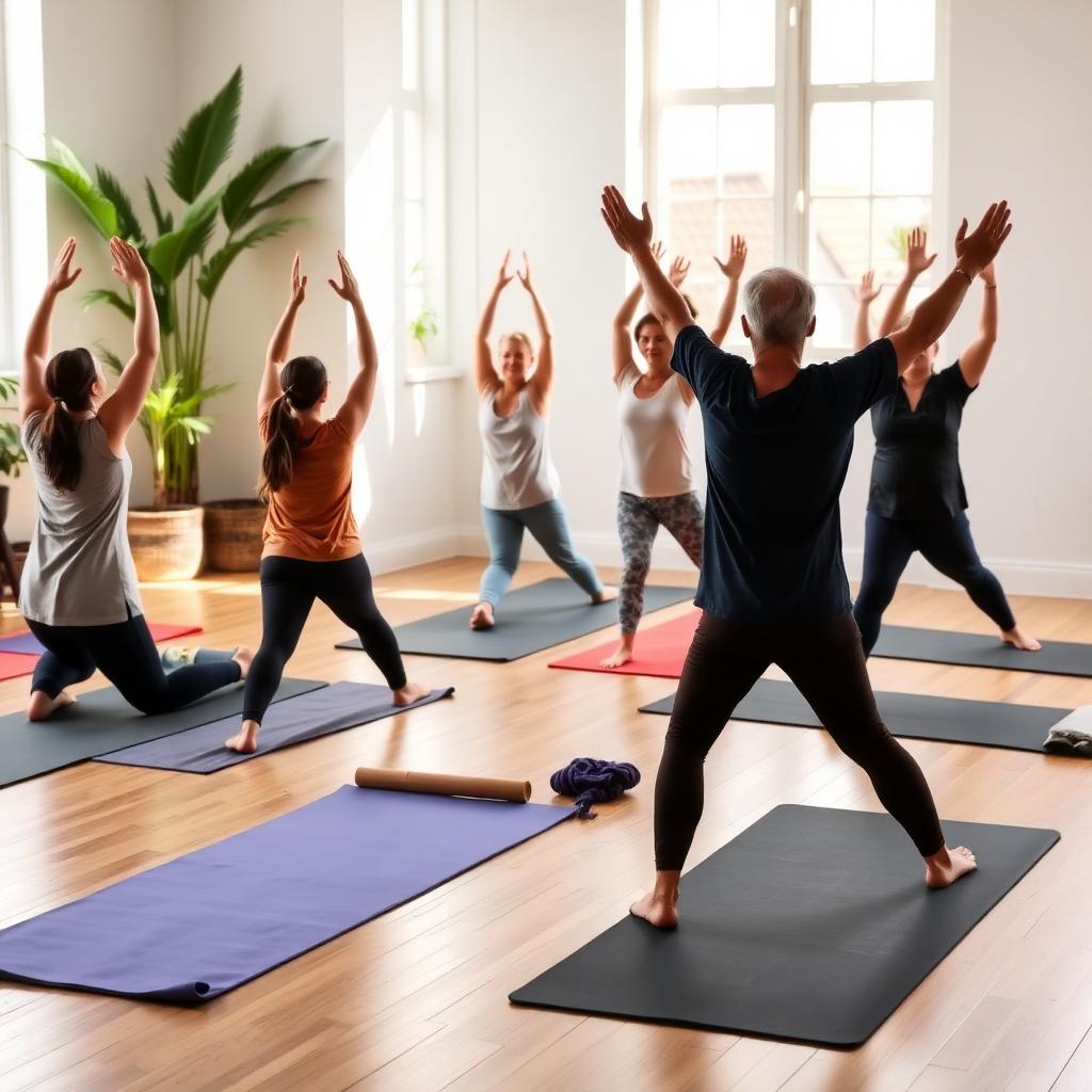 A small group in a gentle yoga class in a bright studio with wooden floors